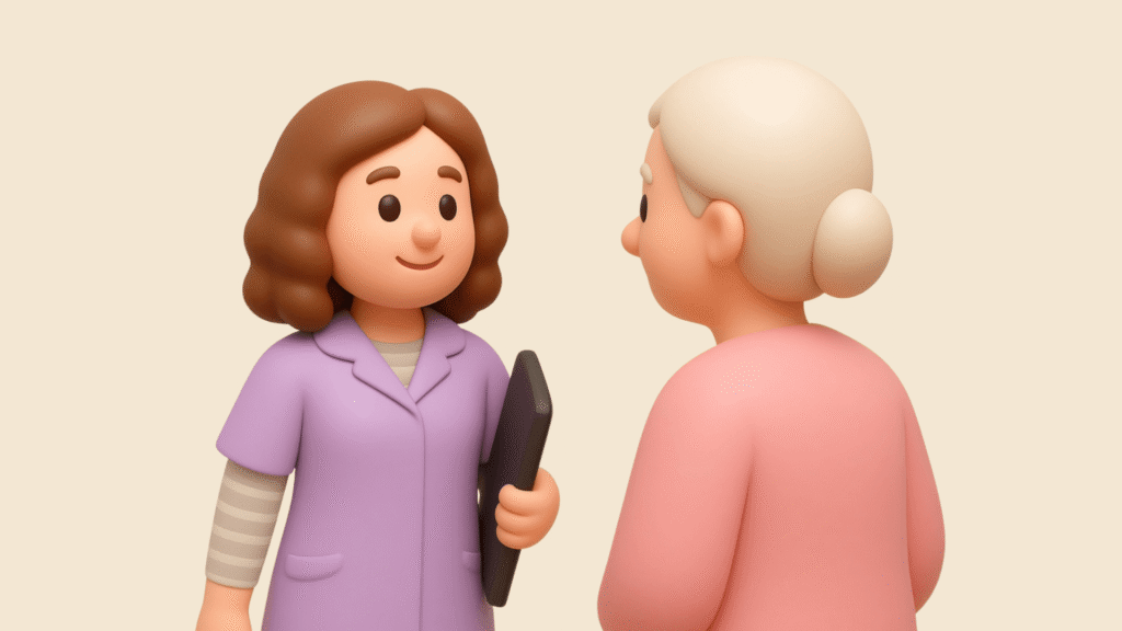 Zorgmedewerkster op gesprek bij klant