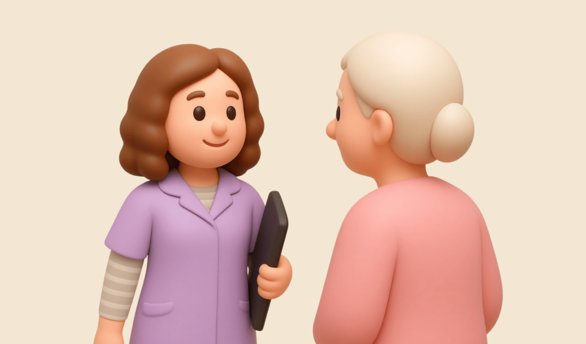 Zorgmedewerkster op gesprek bij klant